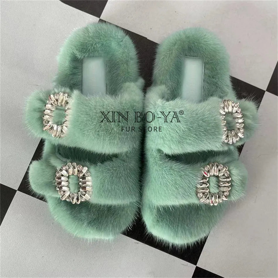 Summer Women Mink Fur Slippers Woman Luxury 2026 Women's Sandals Outdoor Fashion Casual Shoes Fur Mule Shoes Opentoed Slides