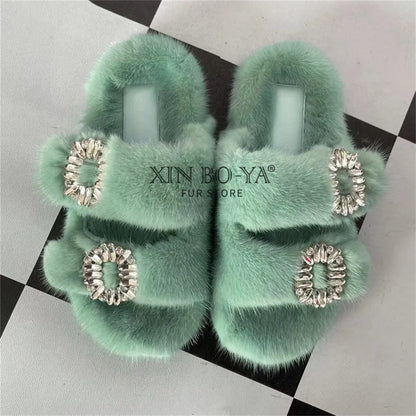 Summer Women Mink Fur Slippers Woman Luxury 2026 Women's Sandals Outdoor Fashion Casual Shoes Fur Mule Shoes Opentoed Slides