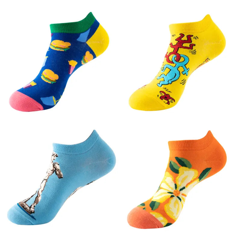 4pairs Funny animal Combed Cotton Fashion Hip Hop Man woman Oil Painting Socks Harajuku Skateboard outer space Happy love Socks