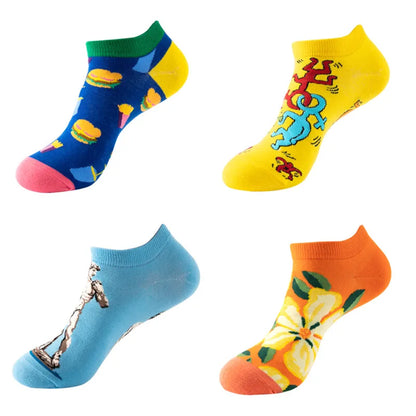 4pairs Funny animal Combed Cotton Fashion Hip Hop Man woman Oil Painting Socks Harajuku Skateboard outer space Happy love Socks