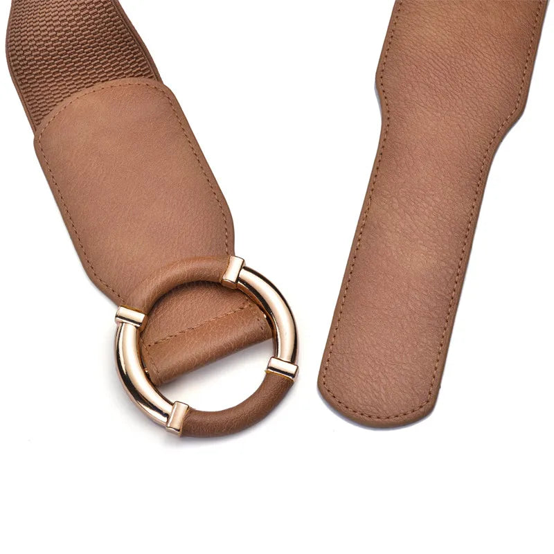 Women’s Elastic Stretch Wide Waist Belts w Wrapped Gold Circle Buckle