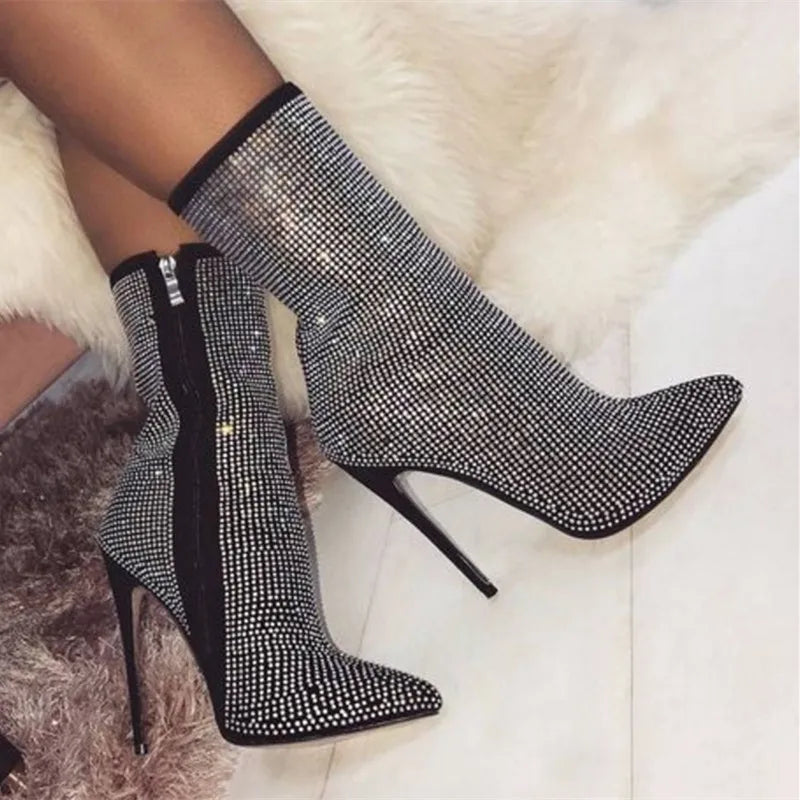 Crystal Thin High Heel Ankle Boots for Women Sexy Pointed Toe Short Boots Side Zipper Fashion Ladies Shoes