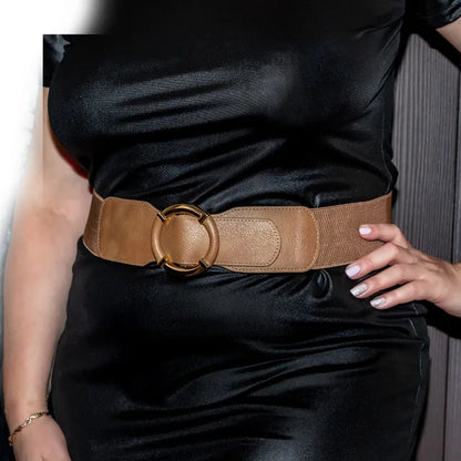 Women’s Elastic Stretch Wide Waist Belts w Wrapped Gold Circle Buckle