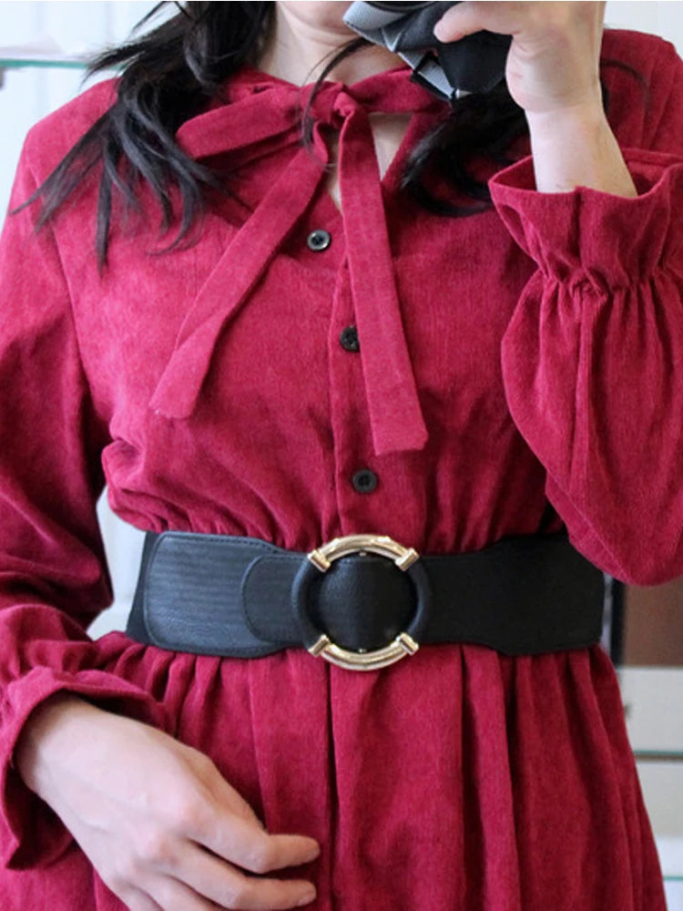 Women’s Elastic Stretch Wide Waist Belts w Wrapped Gold Circle Buckle