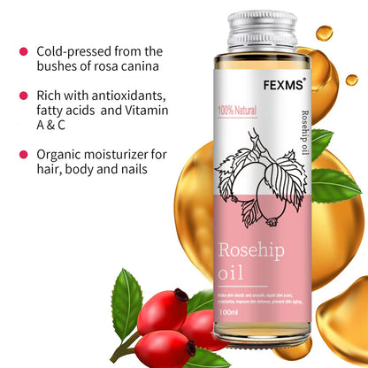 Rosehip Seed Oil, 100% Pure Organic Unrefined Cold Pressed Anti Aging Rose Hip Moisturizer For Hair Skin & Nails