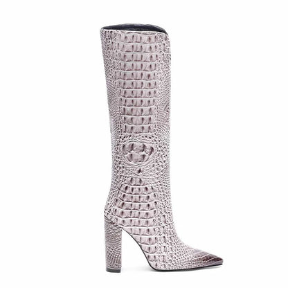 Custom Elegant Women's Knee High Heels Boots Hot Selling Pointed Toe Ladies Shoes with Chunky Heel for Winter