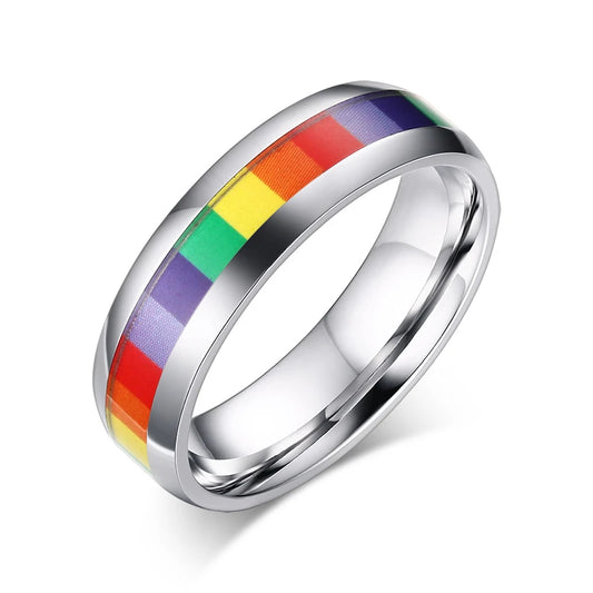 Wholesale Rainbow Lesbian Rings silver color Stainless Steel Lgbt Pride Ring 6m Width