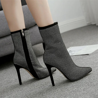 Crystal Thin High Heel Ankle Boots for Women Sexy Pointed Toe Short Boots Side Zipper Fashion Ladies Shoes