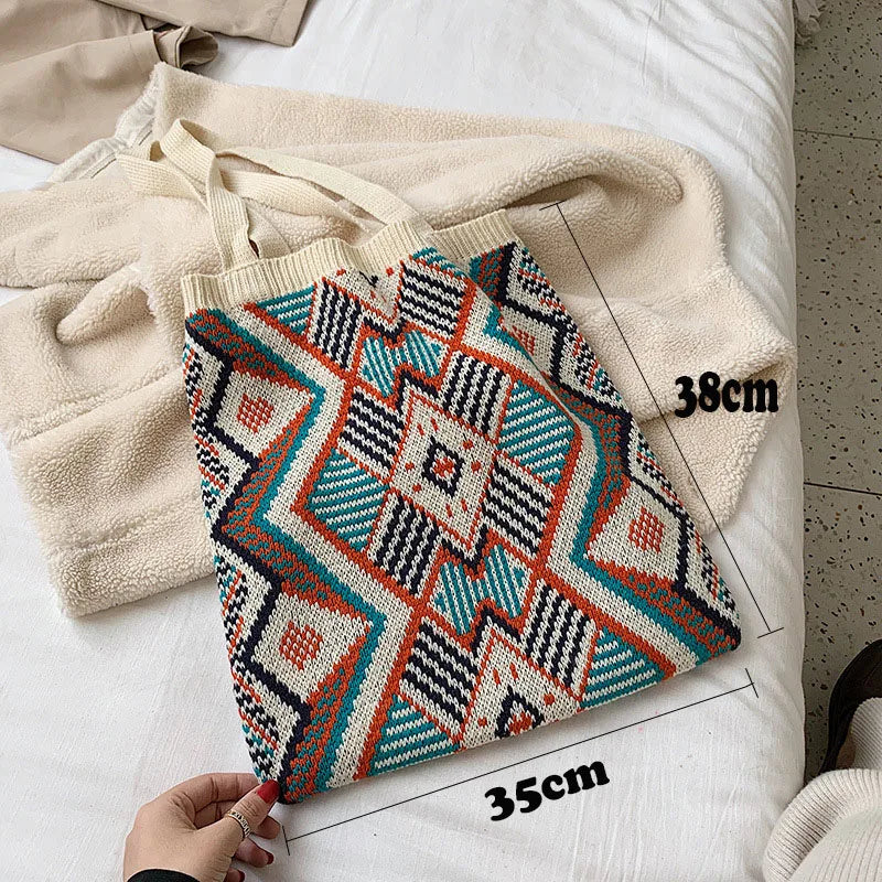 Lady Knitting Gypsy Bohemian Boho Chic Aztec Tote Bag Women Crochet Woolen Open Shopper Top-handle Bag 2022 Female Daily Handbag