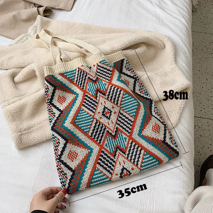 Lady Knitting Gypsy Bohemian Boho Chic Aztec Tote Bag Women Crochet Woolen Open Shopper Top-handle Bag 2022 Female Daily Handbag