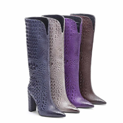 Custom Elegant Women's Knee High Heels Boots Hot Selling Pointed Toe Ladies Shoes with Chunky Heel for Winter