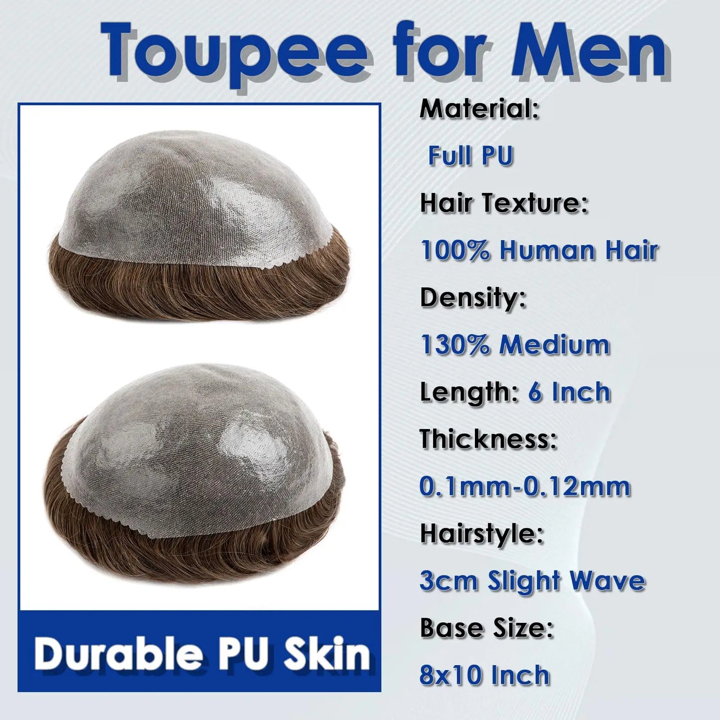 Men's Toupee #1B10 Full PU Base V-loops 8x10 Inches 130% High Density Human Hair Black Thin Skin 0.06 mm BOSQUE Beauty