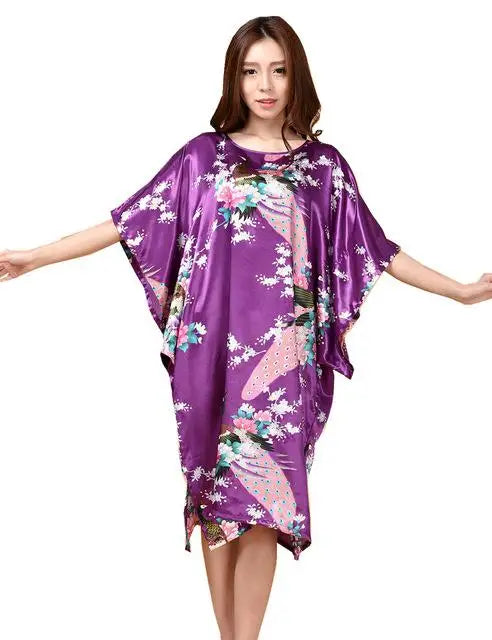 Lady Classic Bat Sleeve Kimono Bathrobe Gown Print Floral Sleepwear Nightgown Lougne Nightdress Negligee Soft Intimate Lingerie