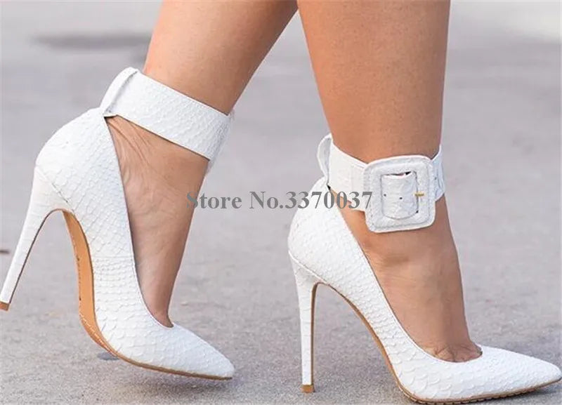Ladies Charming Pink Patent Leather Pointed Toe Ankle Wrap Pumps Buckle Design Classical Style High Heels Formal Dress Shoes