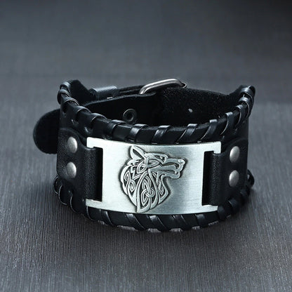 Vnox Wide Leather Wristband for Men Stylish Genuine Leather Bangle with Metal Charm Bracelets Punk Male Pulseira