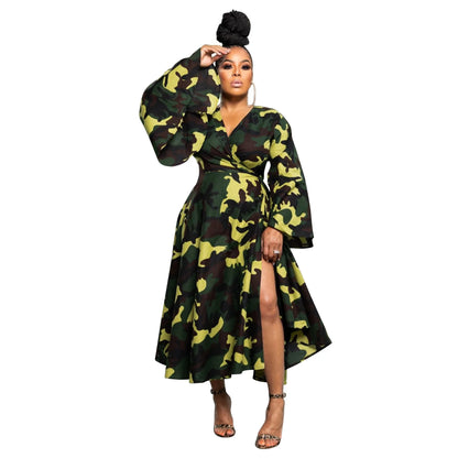 N8038 Cross-border Large-sized African Women's Clothing Autumn New Style Lace-up Irregular Dress With Large Swing Long-sleeved