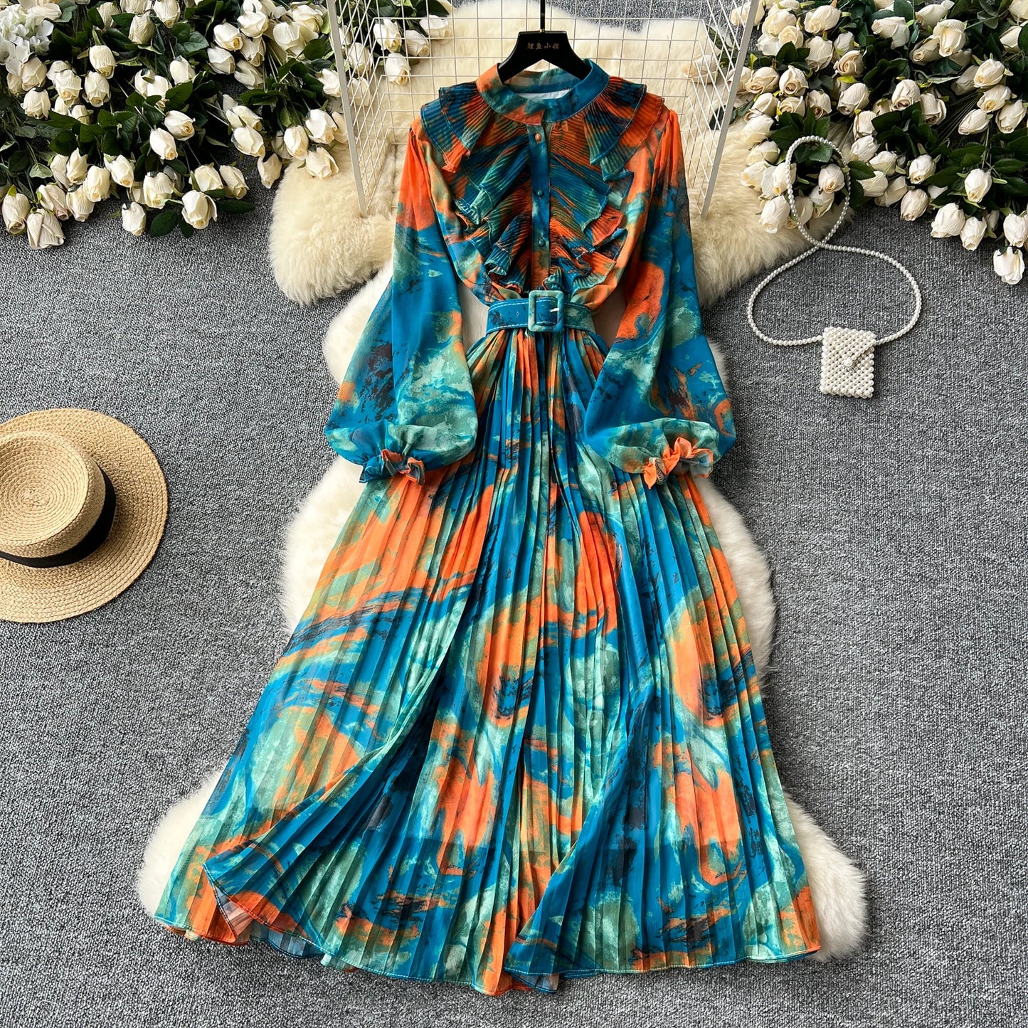 LE2639 Oil Print Midi Dress Lady French Vintage Elegant Dress Women'S Plicated Splicing Long Sleeve Waist Print Chiffon Dresses