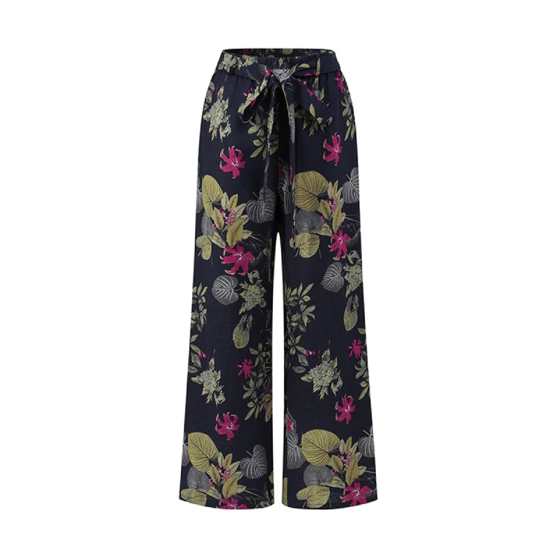 Women Long Pants 2024 Spring Fashion High Waist Drawstring Straight Loose Pants Vintage Printed Casual Ladies Wide-Leg Pant