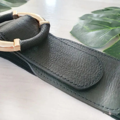 Women’s Elastic Stretch Wide Waist Belts w Wrapped Gold Circle Buckle