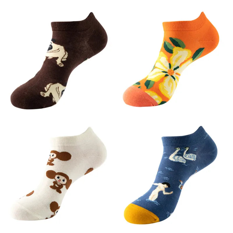 4pairs Funny animal Combed Cotton Fashion Hip Hop Man woman Oil Painting Socks Harajuku Skateboard outer space Happy love Socks