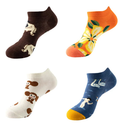 4pairs Funny animal Combed Cotton Fashion Hip Hop Man woman Oil Painting Socks Harajuku Skateboard outer space Happy love Socks