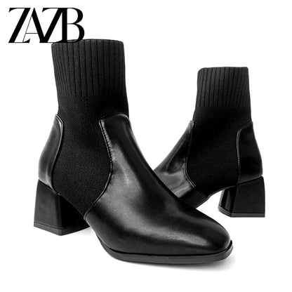 Big Sexy Booty Winter Women's Middle Cylinder Short Boots Chunky Heel Thick Bottom White Lace up Socks Leather Ladies Shoes