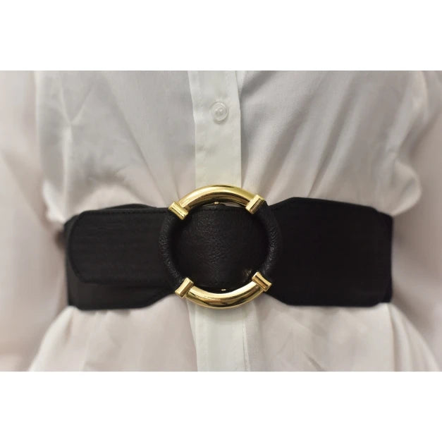 Women’s Elastic Stretch Wide Waist Belts w Wrapped Gold Circle Buckle