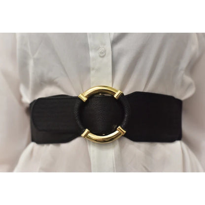 Women’s Elastic Stretch Wide Waist Belts w Wrapped Gold Circle Buckle