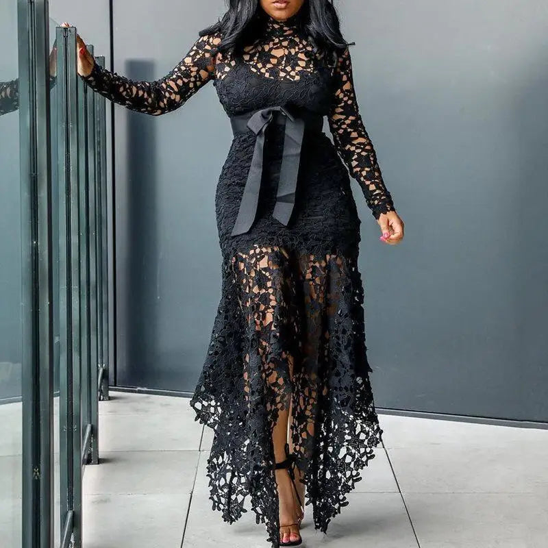 Top Seller Hollow Mesh Sexy Lace Long Sleeve Maxi Dresses Women Plus Size Dress Ladies Lace Decorated 2 Pieces Dress Big Sizes