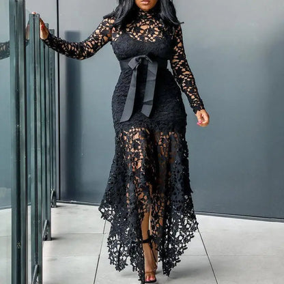 Top Seller Hollow Mesh Sexy Lace Long Sleeve Maxi Dresses Women Plus Size Dress Ladies Lace Decorated 2 Pieces Dress Big Sizes