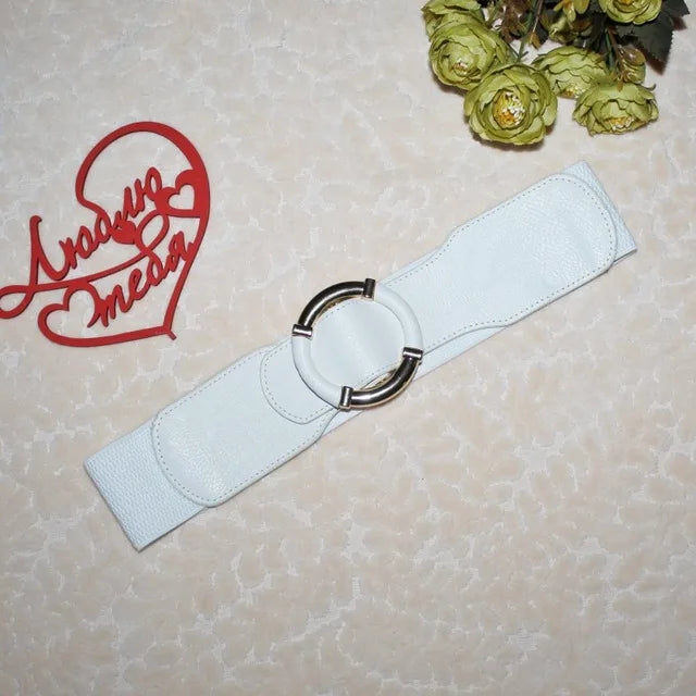 Women’s Elastic Stretch Wide Waist Belts w Wrapped Gold Circle Buckle