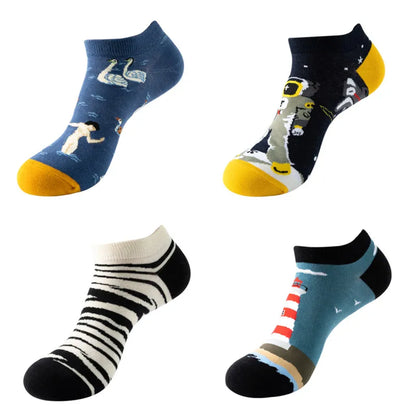 4pairs Funny animal Combed Cotton Fashion Hip Hop Man woman Oil Painting Socks Harajuku Skateboard outer space Happy love Socks