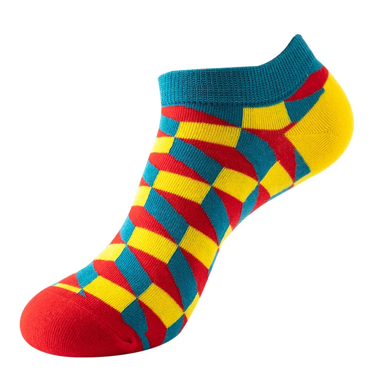 4 pairs Men's And Women's Latest Design Boat Socks Short Summer Socks Quality Business Geometric Lattice Colorful  Cotton Socks