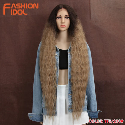 FASHION IDOL 42" Loose Wave Lace Front Wig Hair Synthetic Wigs For Women Ombre Blonde Water Wavy Long Curly Hair Wig Cosplay