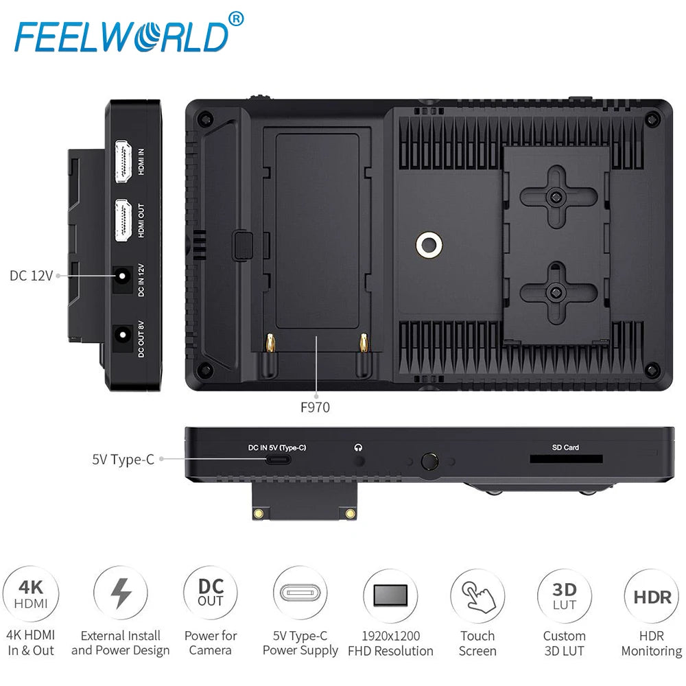 FEELWORLD-F7 Pro On-Camera Field Director Monitor, 7 "IPS Touch Screen, 3D LUT DSLR, HDMI, 4K, 60Hz, HD with F970 External Power