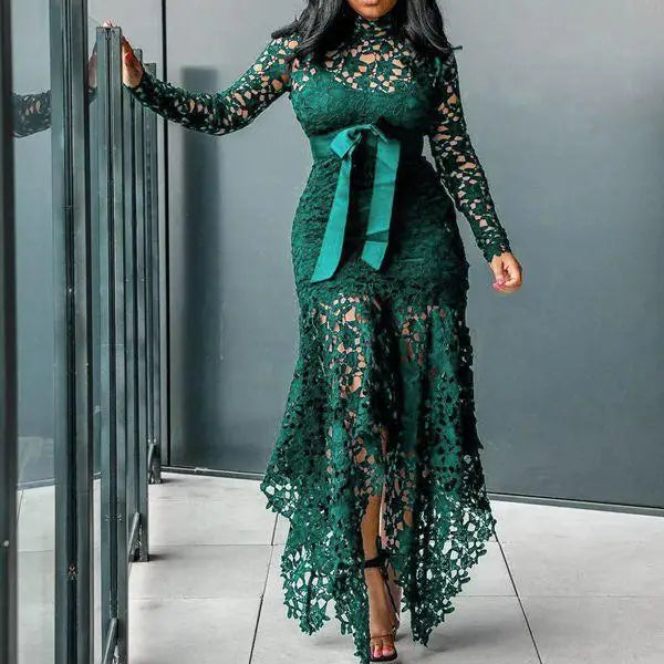 Top Seller Hollow Mesh Sexy Lace Long Sleeve Maxi Dresses Women Plus Size Dress Ladies Lace Decorated 2 Pieces Dress Big Sizes