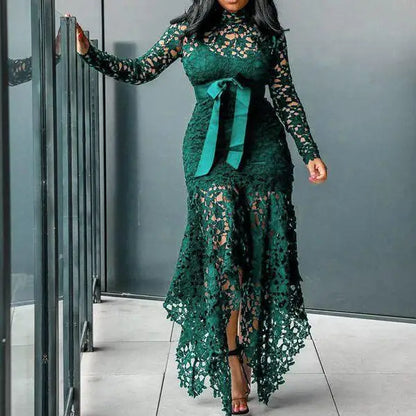 Top Seller Hollow Mesh Sexy Lace Long Sleeve Maxi Dresses Women Plus Size Dress Ladies Lace Decorated 2 Pieces Dress Big Sizes