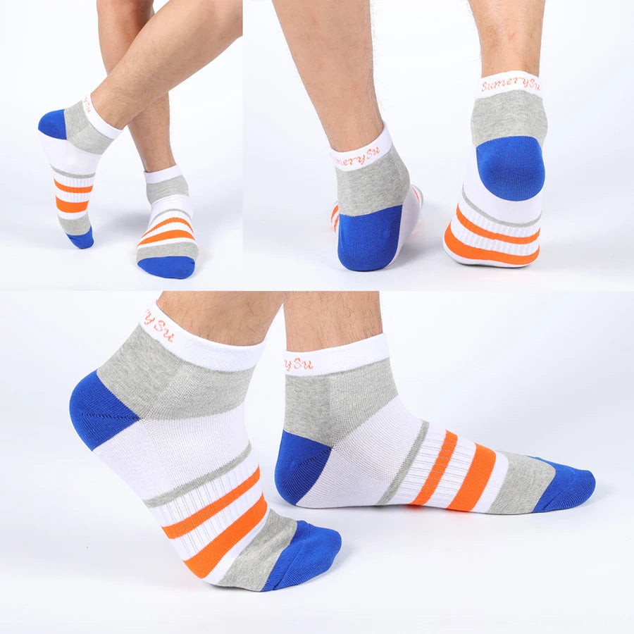 5 Pairs/Lot Running Socks Men Ankle Colorful Stripes Combed Cotton Outdoor Gym Compression Short Male Socks 5 Colors New 2025