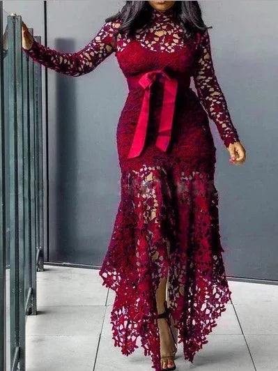 Top Seller Hollow Mesh Sexy Lace Long Sleeve Maxi Dresses Women Plus Size Dress Ladies Lace Decorated 2 Pieces Dress Big Sizes