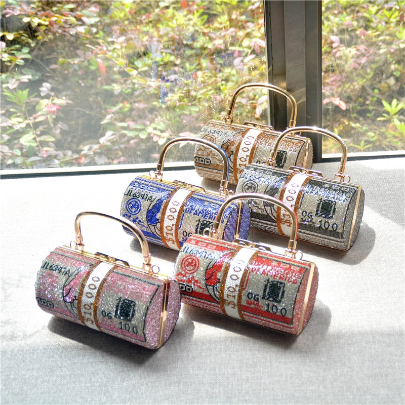 Luxury Money Clutch Rhinestone Purse 10000 Dollars Stack of Cash Evening Handbags Shoulder Wedding Dinner Bag 8 Color Wallet