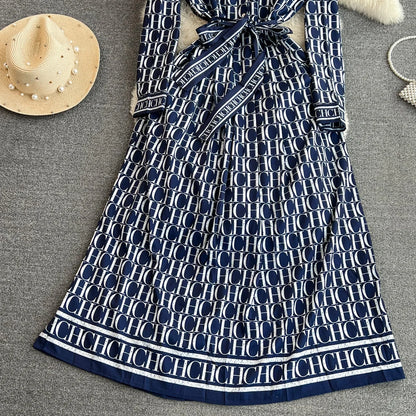 Autumn Korean Version Mature Style Retro Elegant Turtleneck Ultra High Waist Waist-Cinching Slimming Printed BASICS Shirt Dress