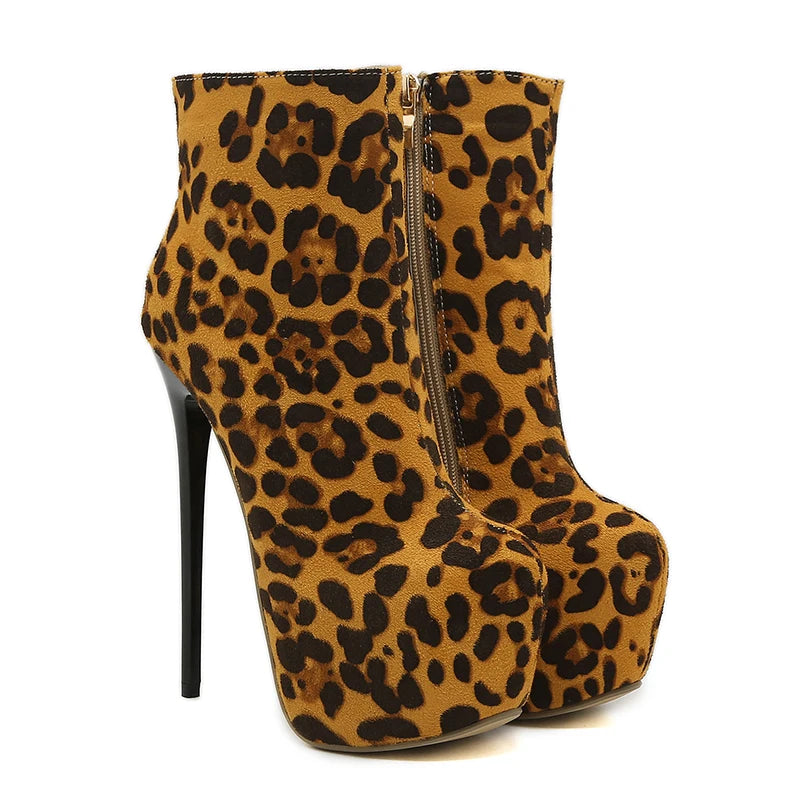 2025 Leopard Zip High Heels Pointed Toe Ladies Shoes Fashion Female Casual Short Ankle Boots for Women