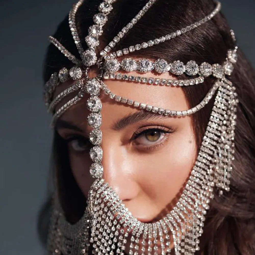 Charms Sexy Rhinestone Tassel Masquerade Face Jewelry For Women Facial Accessories Banquet Party Mask Full Face Chain Decoration