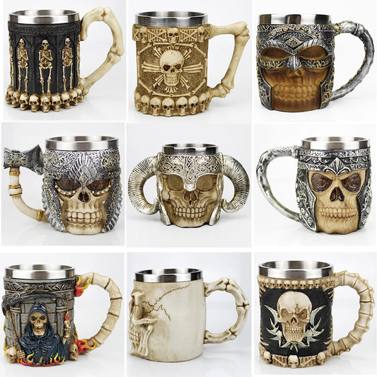 Stainless Steel Skull Mug Contain Viking Skeleton Death Grim Knight Gothic Design Coffee Beer Tankard Mugs BEST Halloween Gift