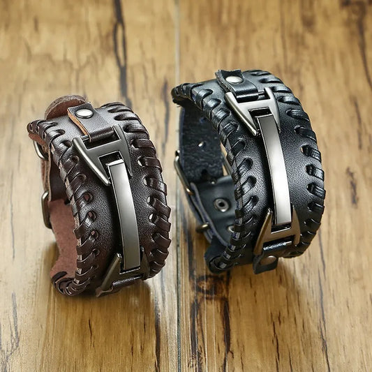 Vnox Wide Leather Wristband for Men Stylish Genuine Leather Bangle with Metal Charm Bracelets Punk Male Pulseira