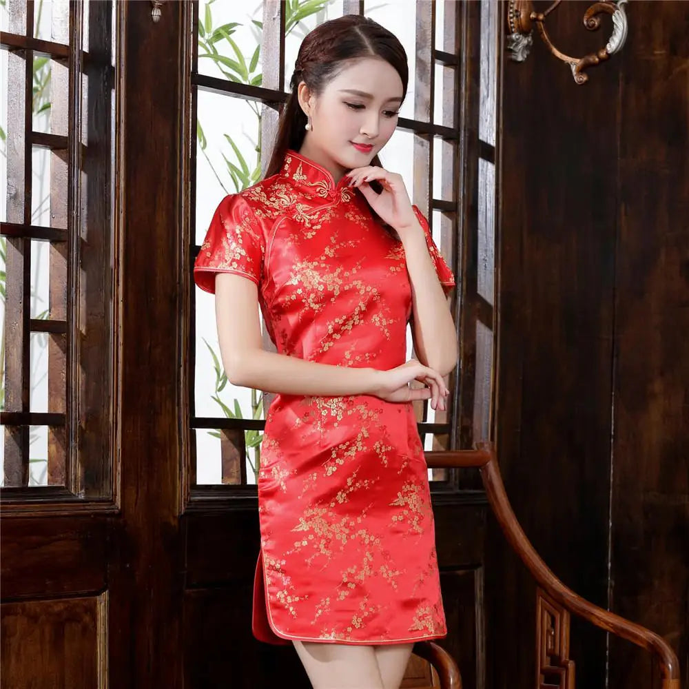 Chinese Style Women Dragon Phenix Qipao Classic Red Satin Cheongsam Plus Size Short Sleeve Mini Dress Vestidos 3XL 4XL 5XL 6XL