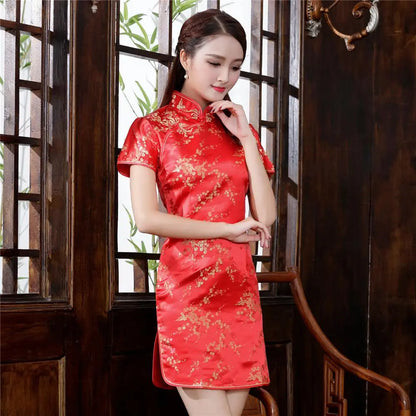 Chinese Style Women Dragon Phenix Qipao Classic Red Satin Cheongsam Plus Size Short Sleeve Mini Dress Vestidos 3XL 4XL 5XL 6XL