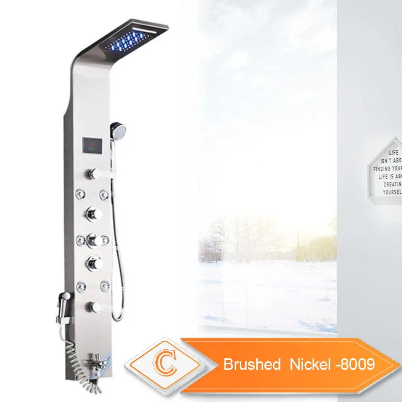 LED Light Bathroom Shower Panel Intelligent LCD Shower Column System with 6 Modes Rain Waterfall Massage Jet Bath Mixer Tap