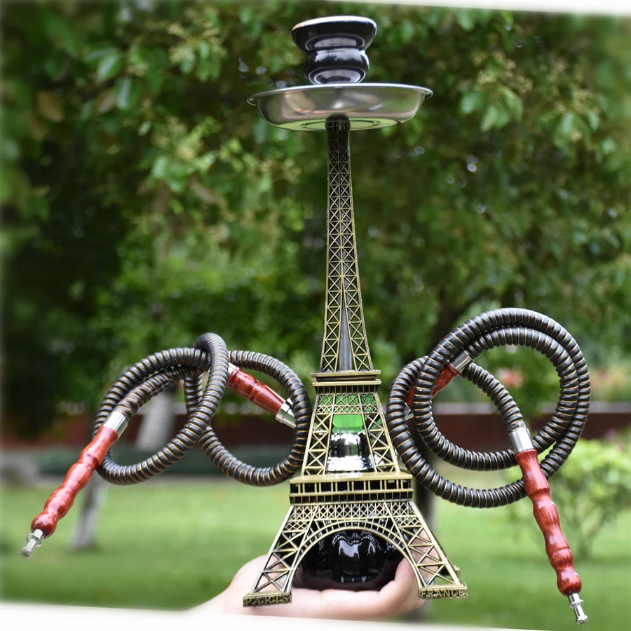 Paris Tower Metal Shisha Hookah Double Hose with Ceramics Bowl Charcoal Tongs Shisha Plate Hookah Acrylic Base Chicha Nargile