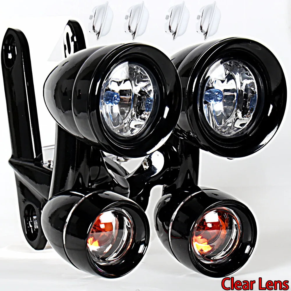 Gloss Black Fairing Mounted Driving Lights Turn Signals For Harley 1996-2013 Elctra Street Glide&1996-2023 Road King